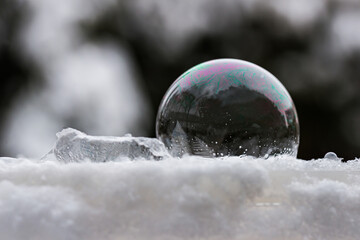 One frozen soap bubble on white snow with dark background