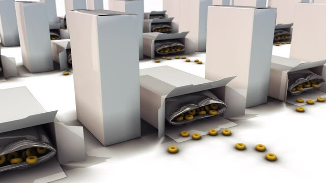 Paper box with scattered cornflakes in a row 4k. High quality 4k footage