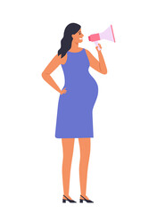 Pregnant brunette woman talking into megaphone. loudspeaker in her hands. Female character isolated on white background.Vector illustration in flat style.