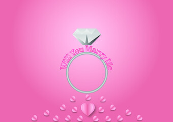 Valentine's day concept, Paper cut pink love hearts decorations with Diamond on pink wedding or engagement ring for valentine card or poster