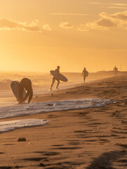 Surfers on the beach running during the sunset