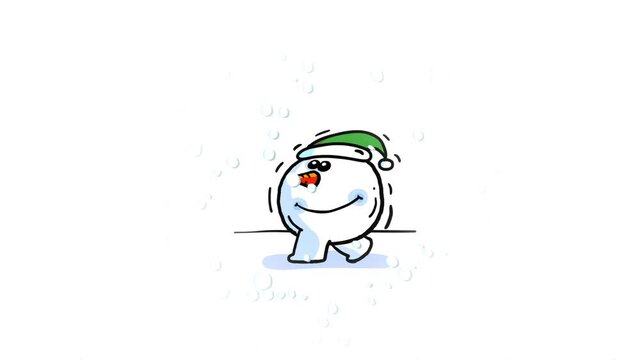 Cartoon snowman one ball animation. Funny character in green cap. Seamless loop.