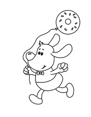 Cartoon running dog with a donat balloon. Outline  illustration. 