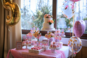 Pink candy bar. Sweet table roses flowers, balloons, cupcakes, macaroni, cake for birthday party....