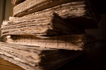 Antique pages. Lots of old books, texture of old paper. Papyrus background 
