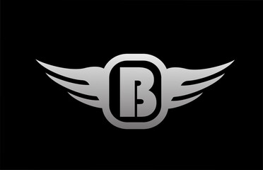 B alphabet letter logo for business and company with wings and black and white grey color. Corporate brading and lettering icon with simple design