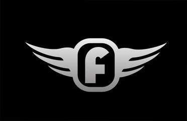 F alphabet letter logo for business and company with wings and black and white grey color. Corporate brading and lettering icon with simple design