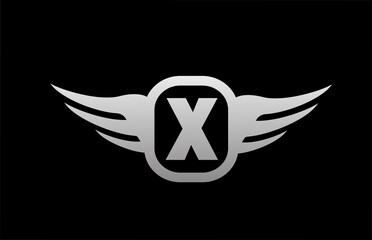 X alphabet letter logo for business and company with wings and black and white grey color. Corporate brading and lettering icon with simple design