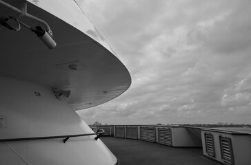 Metail reling with wooden handrail onboard modern cruiseship or cruise ship liner