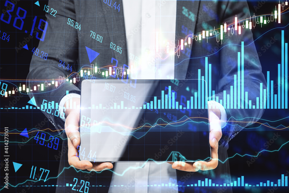 Poster forex and trading concept with businessman shows digital tablet display and stock market chart with 