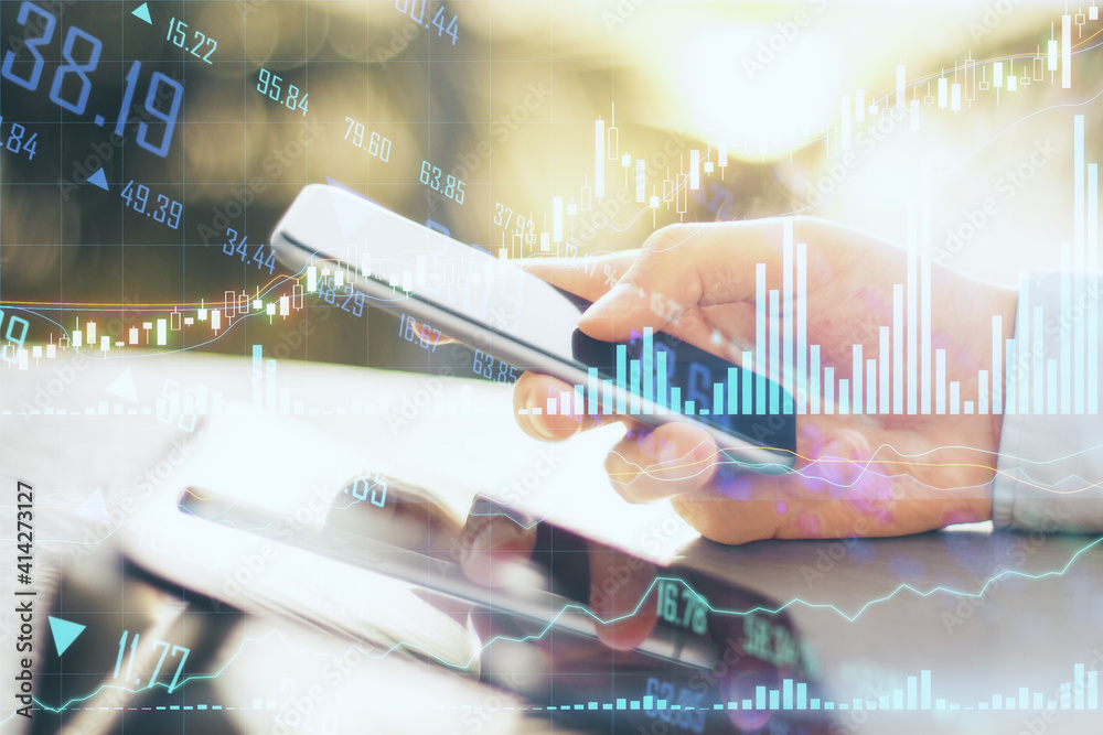 Poster forex trading concept with digital tablet and smartphone in man hand and business charts with financ