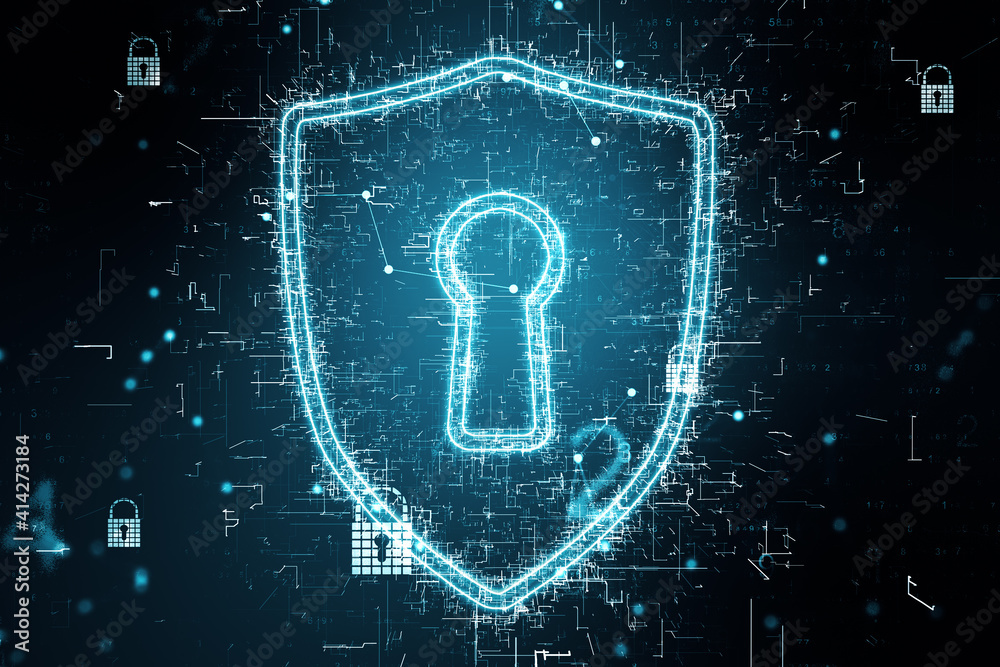 Poster global security concept with digital keyhole sign made from small glowing elements at dark backgroun