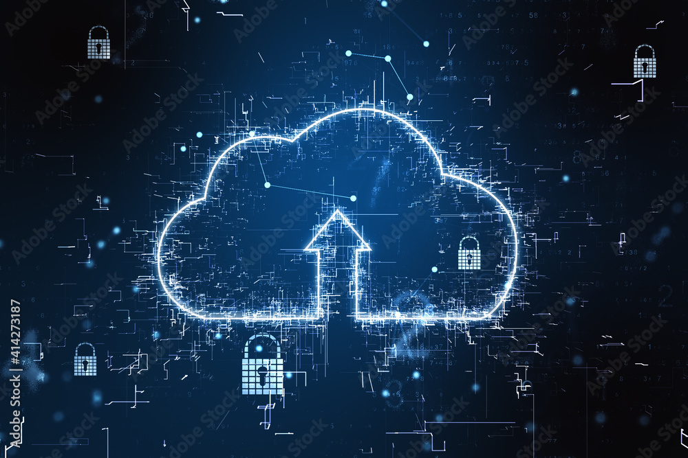 Poster Cloud service concept with digital cloud sign with arrow up made from glowing elements at dark background