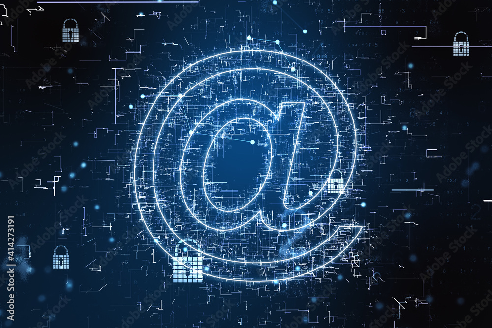 Poster World internet mail technology with digital email symbol made from glowing elements at dark background