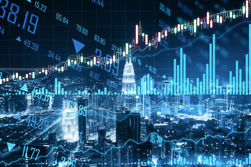 World financial market with megapolis city background and stock market chart with financial graphs and candle sticks. Double exposure