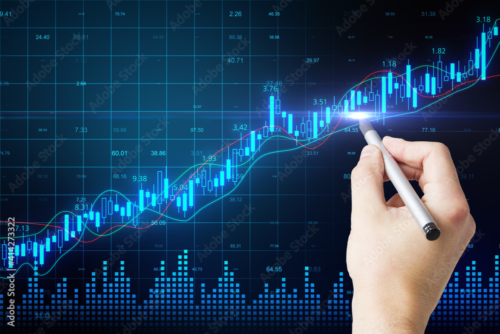 Poster man hand analyses financial graph on digital screen with stock market chart. double exposure