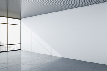 Modern minimalistic office room with city view, blank light grey wall and grey top and floor. Mockup. 3D rendering.