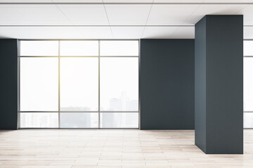 Smoky city view from big window in empty spaciuos room with black walls and column and light wooden floor