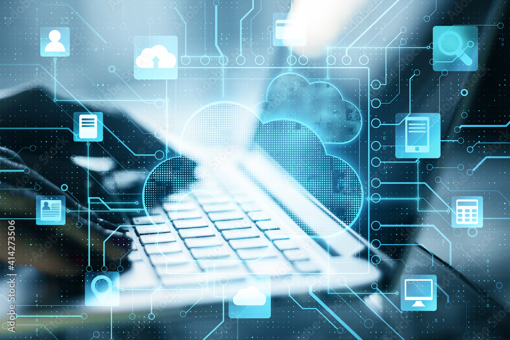 Aufkleber Cloud computer storage concept with digital screen with cloud service application items and fingers on laptop keyboard