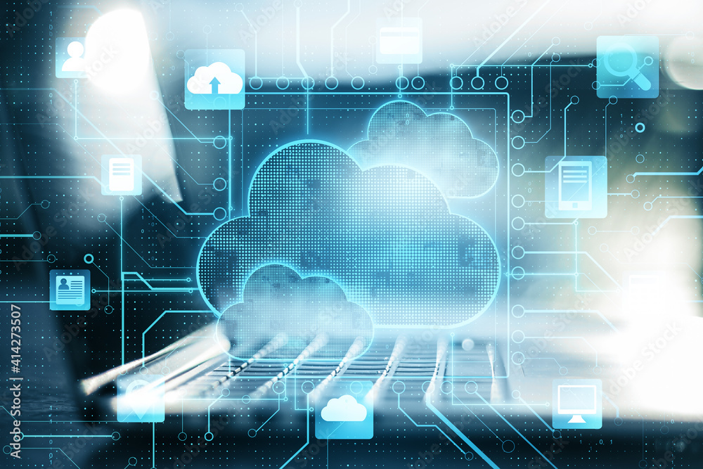 Poster business cloud computing: digital screen with application cloud service icons and blurry laptop at b