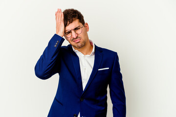 Young business caucasian man isolated on white background forgetting something, slapping forehead with palm and closing eyes.