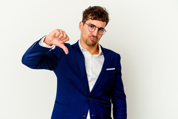 Young business caucasian man isolated on white background showing thumb down, disappointment concept.