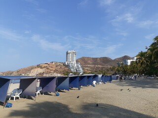 beach chairs and umbrellas