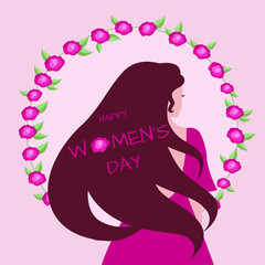 Happy Women's Day simple vector card. International Women's Day, 8th March. Girl in a frame of roses on a pink background.