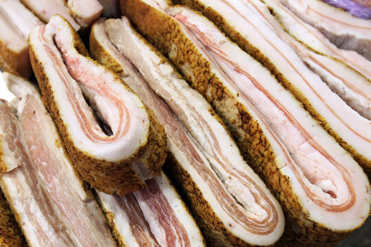 Ukrainian lard in a market stall closeup