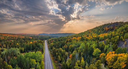 Sunset Autumn drive through the tunnel of Trees in Michigan Upper Peninsula UP - Highway 41  M26 Aerial view - obrazy, fototapety, plakaty