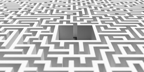 Large white maze or labyrinth over white background, success, strategy or solution concept