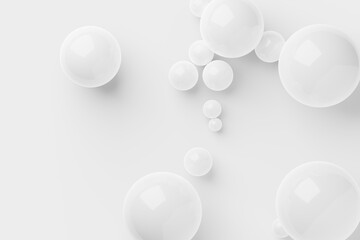Shiny white spheres on white background, minimal modern template, flat lay top view from above