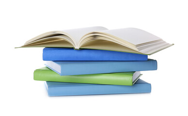 Stack of colorful books on white background