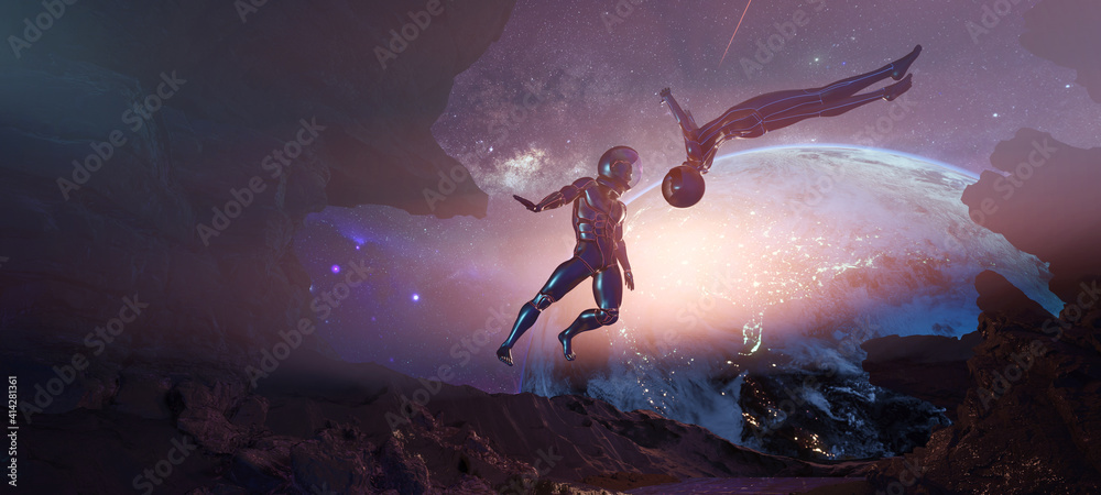 Canvas Prints bodyflying astronauts on alien rocky planet without enough gravity with earth on background
