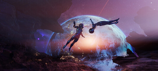 Bodyflying astronauts on alien rocky planet without enough gravity with glowing Earth on background.. - obrazy, fototapety, plakaty