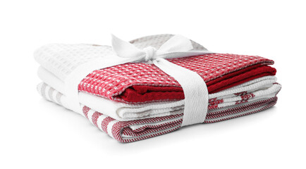 Stack of clean kitchen towels isolated on white