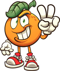 Orange making the hand peace sign cartoon. Vector clip art illustration with simple gradients. All on a single layer.
