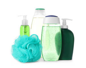 Personal hygiene products and shower puff on white background