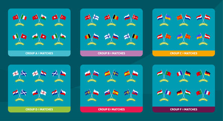 Fototapeta na wymiar National wave flag Football 2020 tournament final stage groups vector stock illustration with matches schedule. 2020 European soccer tournament table with background. Vector country flags