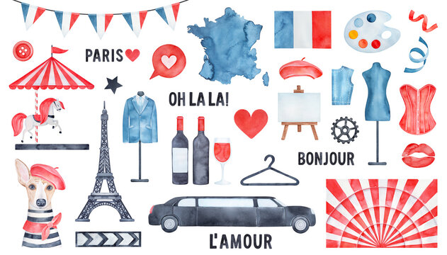 Watercolour collection of various symbols of Paris and French culture with merry-go-round horse, fashion dog, elegant men tuxedo, drawing easel, national flag, festive bunting decoration, love hearts.