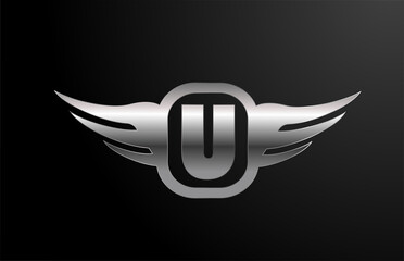 U letter logo alphabet for business and company with wings and silver color. Corporate lettering and brading with metal design icon