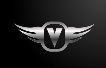 V letter logo alphabet for business and company with wings and silver color. Corporate lettering and brading with metal design icon
