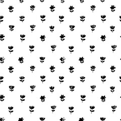 Brush black freehand leaves and flowers vector seamless pattern. Hand drawn black paint ink illustration with abstract floral motif. Hand drawn painting for your fabric, wrapping paper, wallpaper
