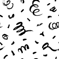 Curly waves hand drawn seamless pattern. Ink brush grunge vector texture. Black wavy lines on white background. Paint brushstrokes freehand drawing. Abstract wrapping paper, textile monochrome design.