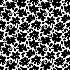 Seamless floral vector pattern with peonies, roses, anemones. Hand drawn black paint illustration with abstract floral motif. Graphic hand drawn brush stroke botanical pattern. Leaves and blooms.