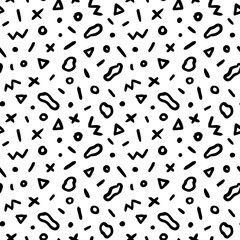 Geometric pattern memphis style background. Seamless abstract vector black pattern. Grunge straight brush stroke, triangles, circles, dots, fluid shapes, zigzag lines. Ink illustration in 80-90s style