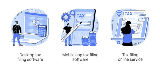 Tax software program abstract concept vector illustration set. Desktop tax filing software, mobile app and online service, income statement, IRS form, gather paperwork abstract metaphor.