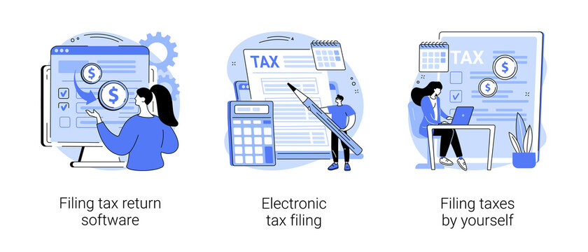 Filing Taxes By Yourself Abstract Concept Vector Illustration Set. Filing Tax Return Software, Electronic Documents, Gather Paperwork, E-file Earnings Statement, IRS Form Abstract Metaphor.