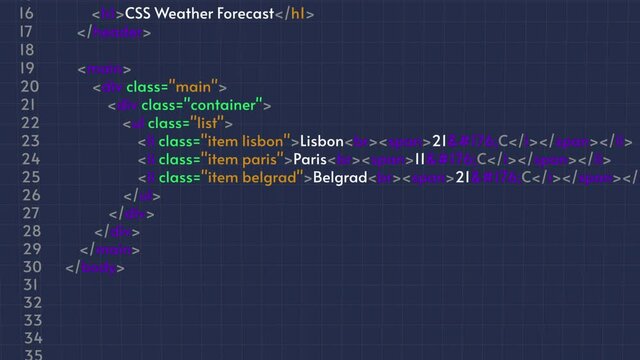 Simple HTML code animation, programming process. Blue screen background
