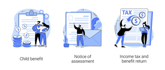 Income year abstract concept vector illustration set. Child benefit, notice of assessment, income tax and benefit return, dependent care costs, gather paperwork, social wealth abstract metaphor.